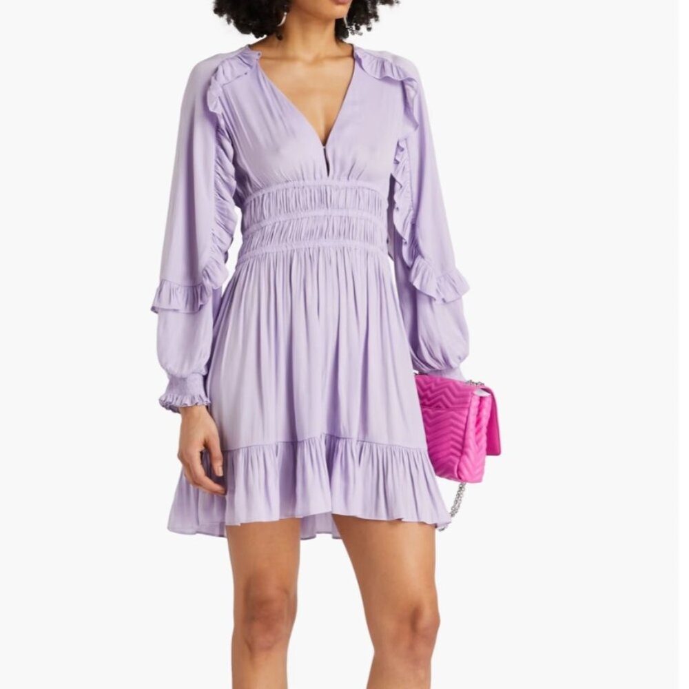 Maje Lilac L/S Ruffled Satin-Crepe Mini Dress Sz 34